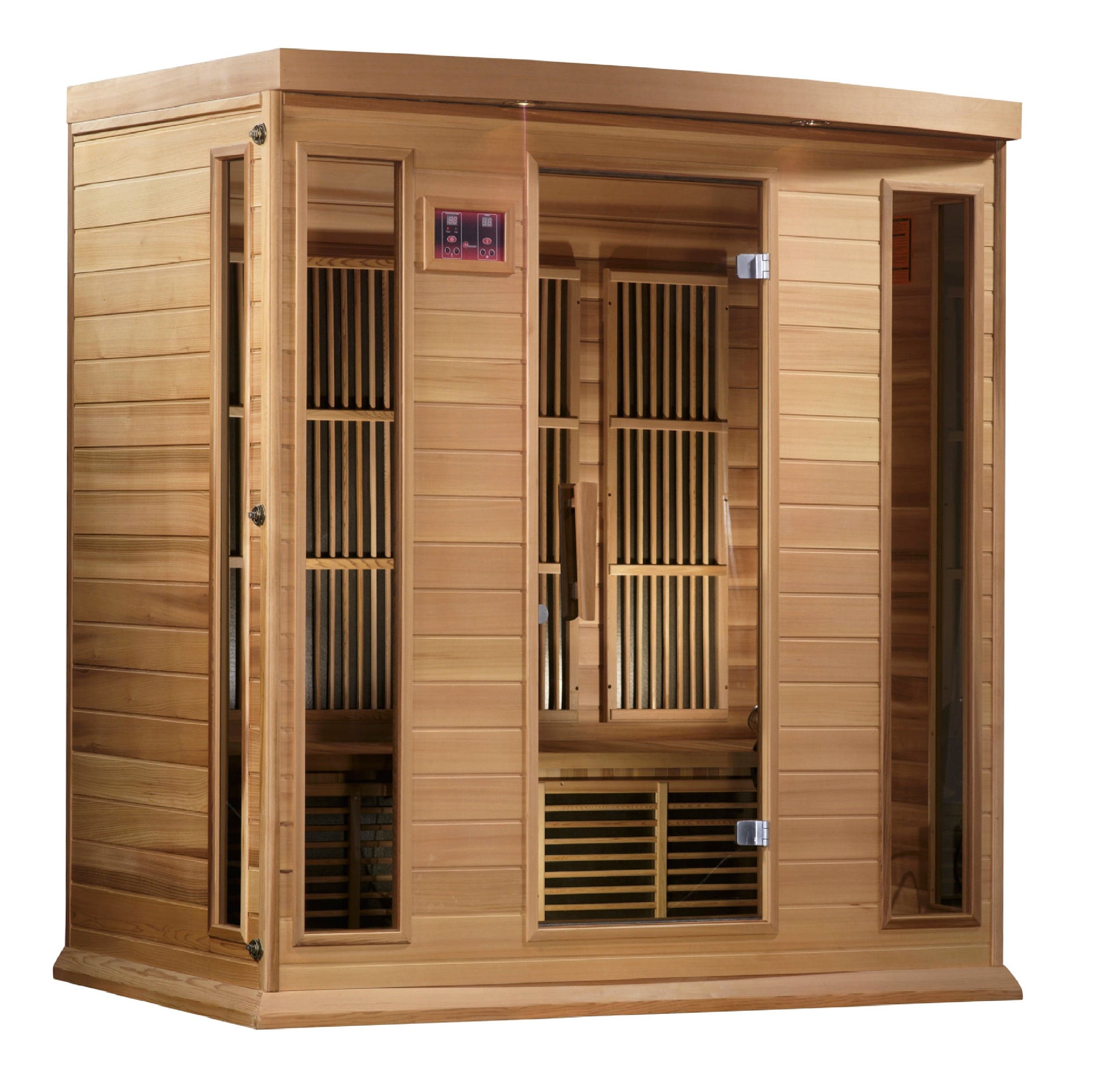 MX-K406-01 CED Maxxus 4 Person Low EMF Far Infrared Sauna crafted from Canadian red cedar wood featuring spacious interior design, chromotherapy lighting, and built-in Bluetooth entertainment system for home wellness and relaxation