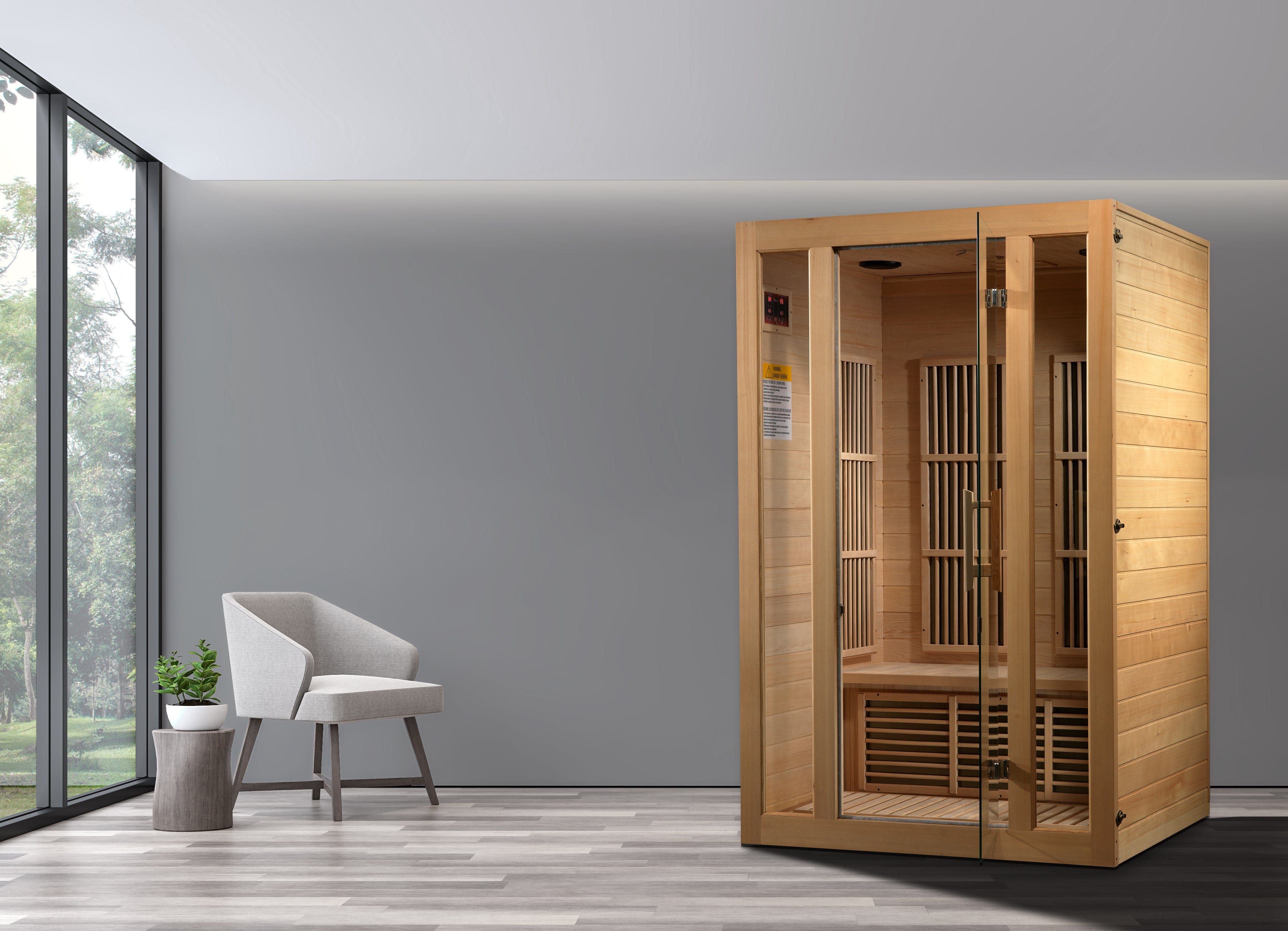 Maxxus “Seattle” infrared sauna for two people featuring low EMF FAR heat therapy and eco-friendly Canadian Hemlock construction