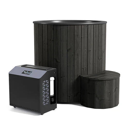SaunaLife Model S1B single-person hot and cold plunge tub made from black thermo-pine wood, designed for outdoor muscle recovery and wellness therapy