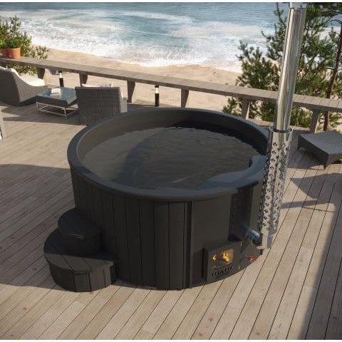 Model S4 outdoor wood-burning hot tub by SaunaLife SOAK-Series premium cedar spa tub with integrated heating system for outdoor relaxation