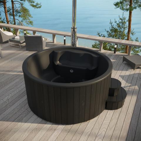 Luxury SaunaLife SOAK-Series Model S4 wood-burning outdoor hot tub handcrafted spa tub designed for premium backyard relaxation and social wellness experiences