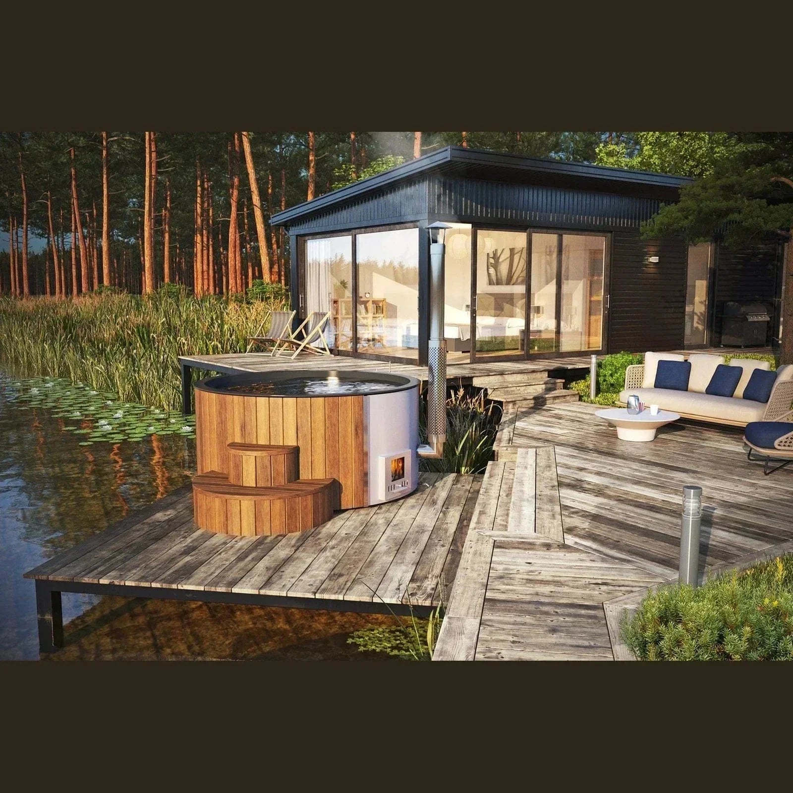 SaunaLife SOAK-Series S4N outdoor wood-fired hot tub, natural timber finish, 6 person luxury backyard spa soaking tub