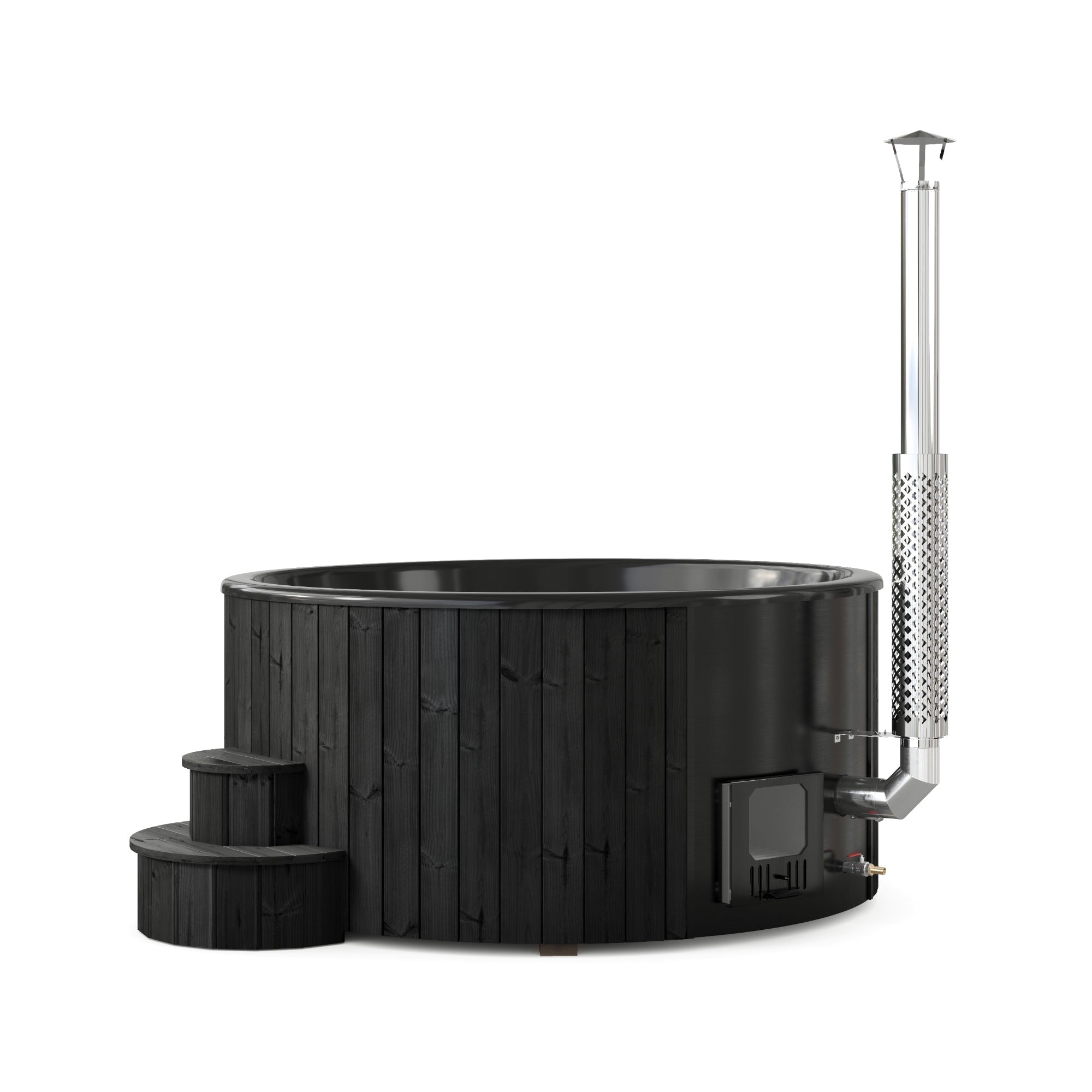 SaunaLife SOAK-Series Model S6B wood-burning plunge tub with black exterior, outdoor hot and cold water soaking tub, fully assembled luxury spa for up to 7 people