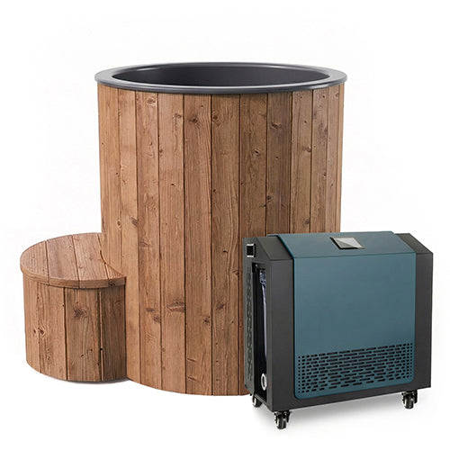 SaunaLife Model S1NC hot and cold plunge system with Thermo-Spruce tub and chiller heater for contrast therapy, home recovery and muscle recovery