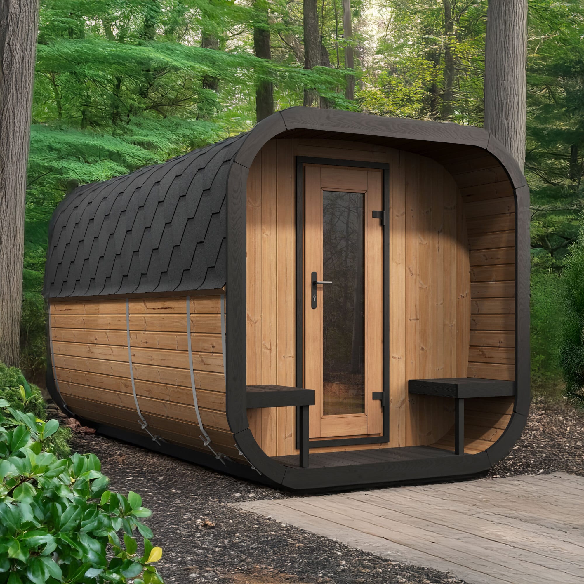 SaunaLife CL12GCP Luxury Outdoor Sauna Kit for 8 People Featuring Private Changing Room, Covered Front Porch, Panoramic Bronze Glass Window and Modern Cube Design