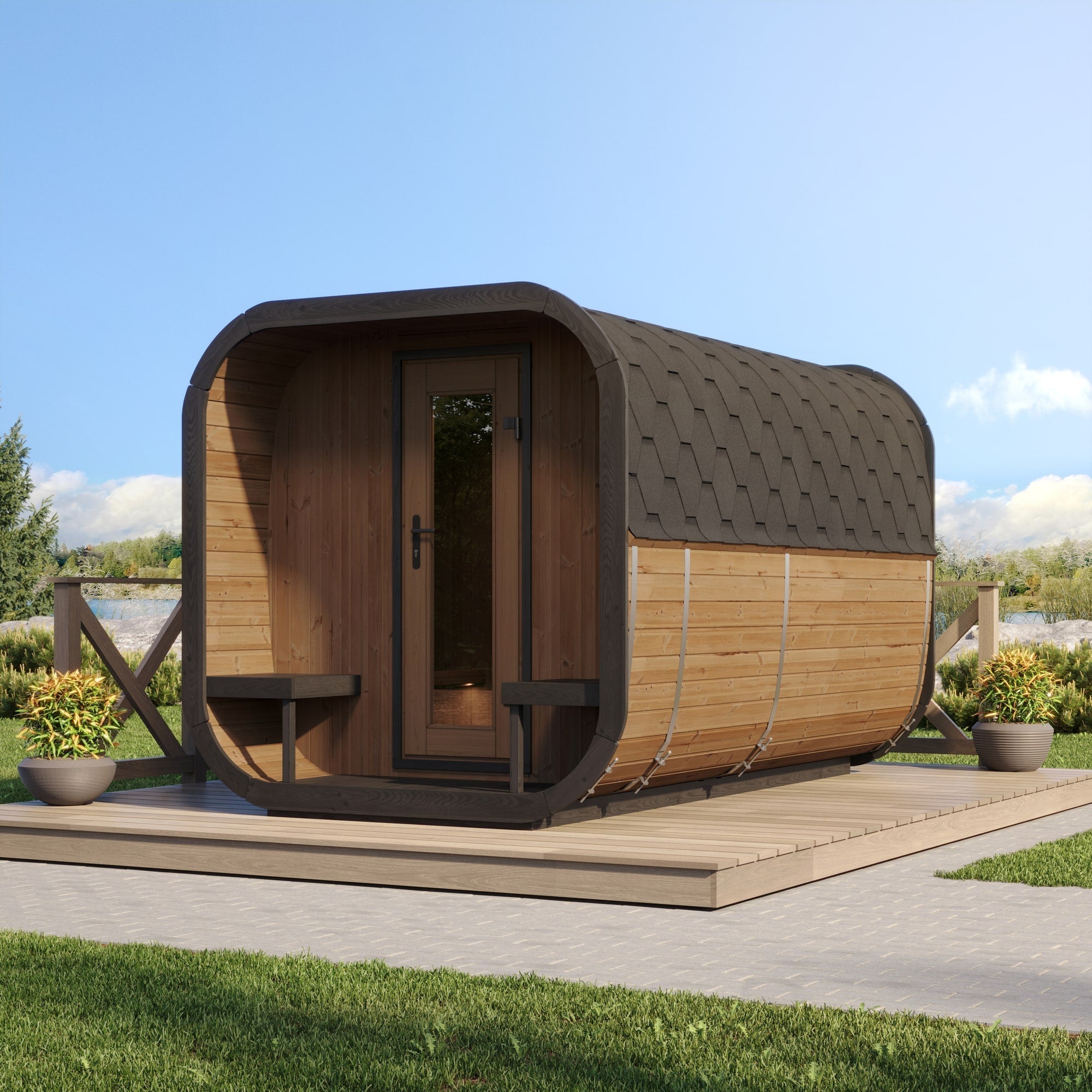 Large Outdoor Sauna Kit for Family and Guests, SaunaLife CL12GCP Cube Series with Bronze Tempered Glass, Changing Room and Porch Seating