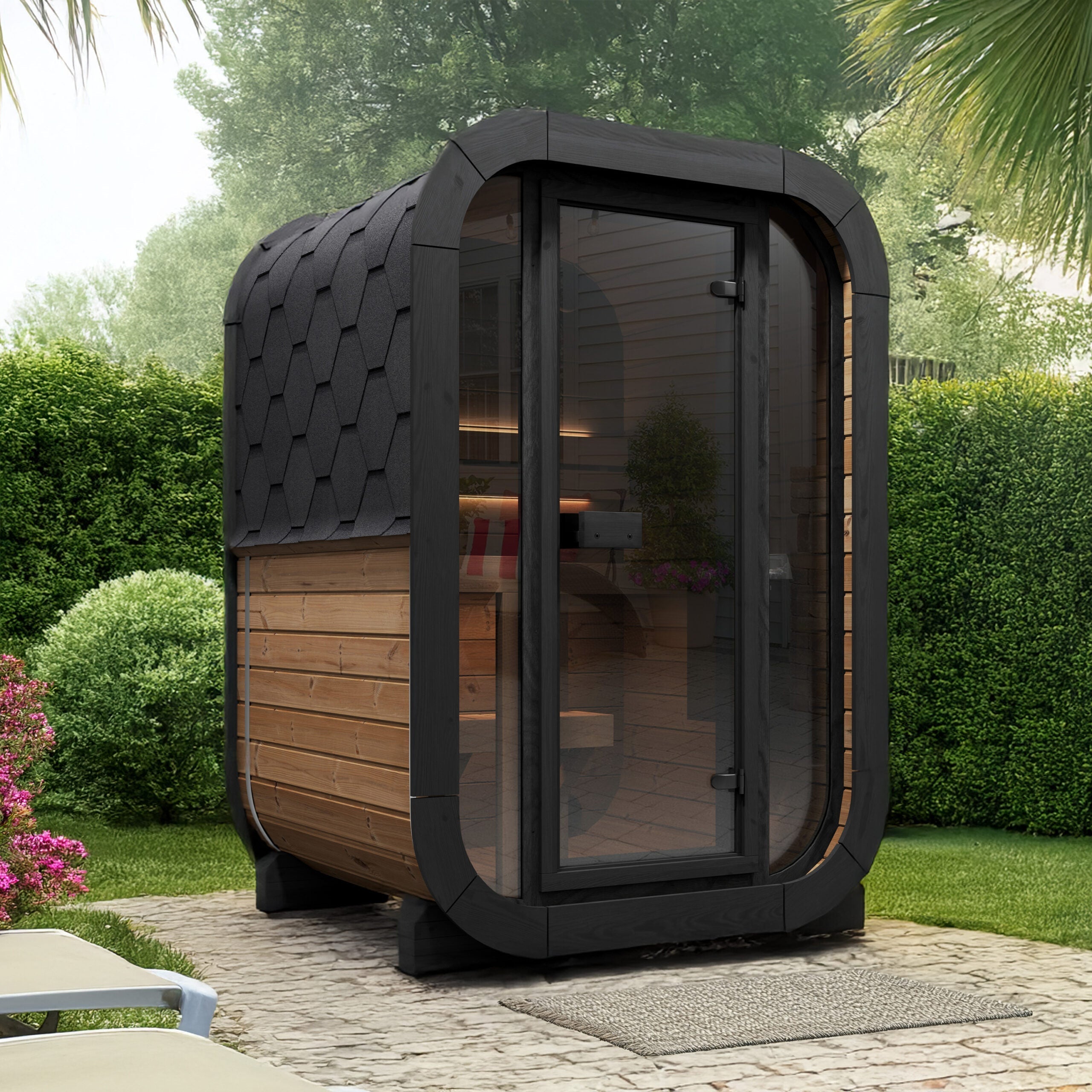 Luxury SaunaLife CL3G 1-2 Person Outdoor Sauna with Full-Height Glass Front and LED Mood Lighting