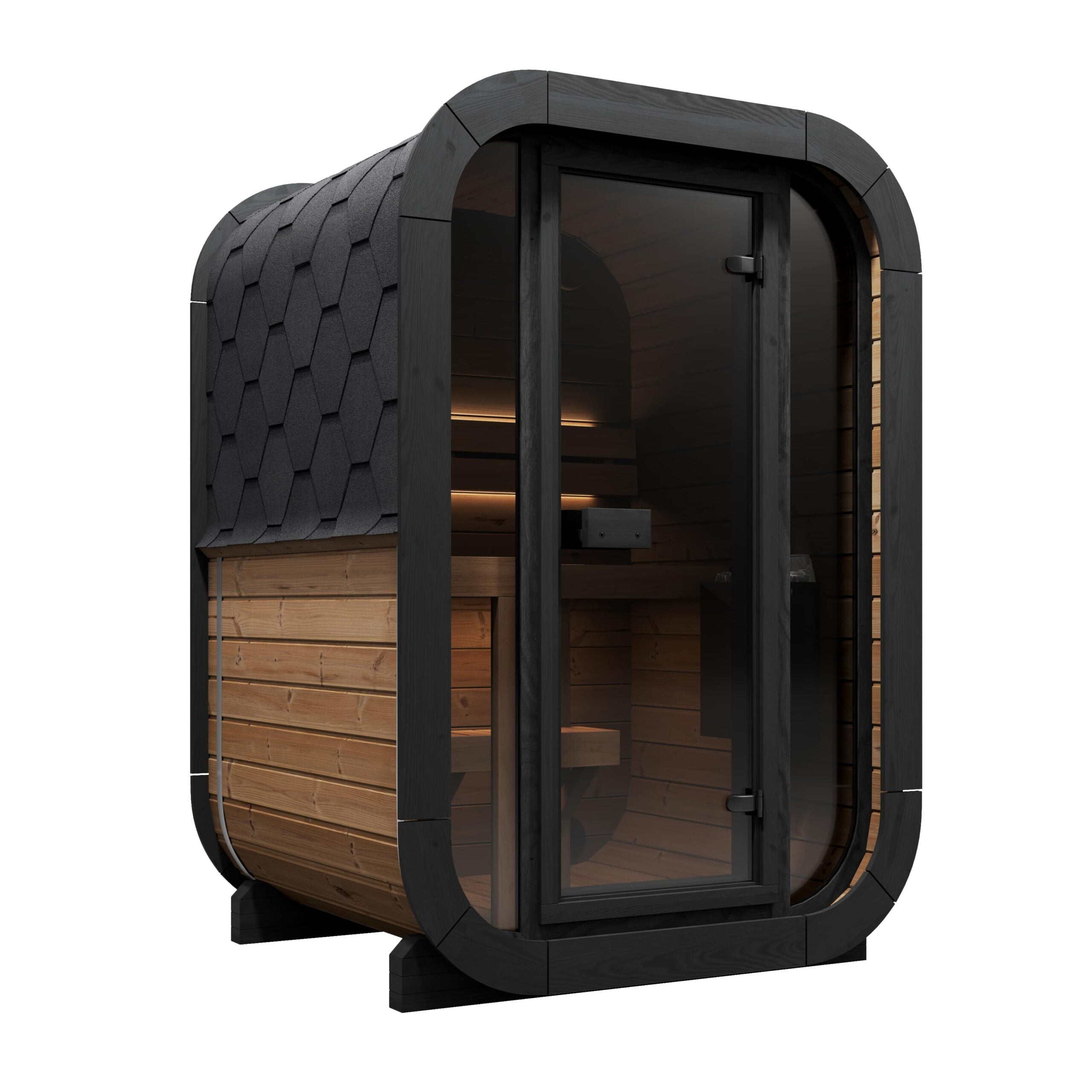 SaunaLife CL3G 1-2 Person Outdoor Traditional Cube Sauna with Full Glass Front, Thermo-Spruce Construction and Thermo-Aspen Seating