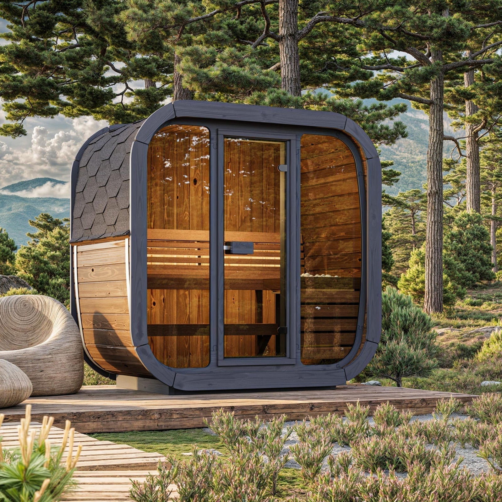 Premium SaunaLife Cube CL4G outdoor home sauna featuring expansive glass front, luxury thermo-aspen seating and Scandinavian craftsmanship