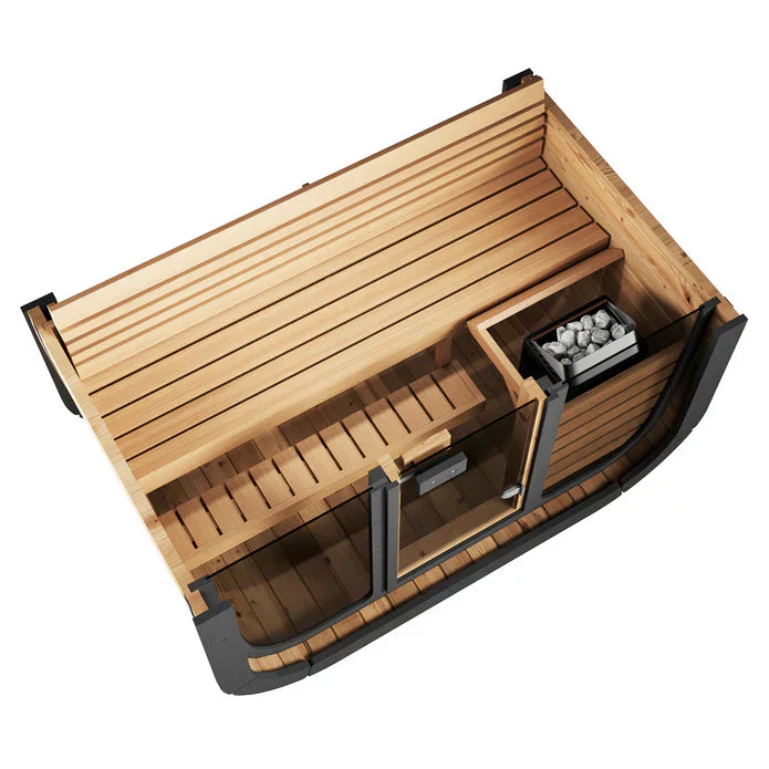 SaunaLife CL4G Cube Series outdoor sauna for 2 bathers with full-glass front, thermo-aspen interior and weather-resistant thermo-spruce exterior