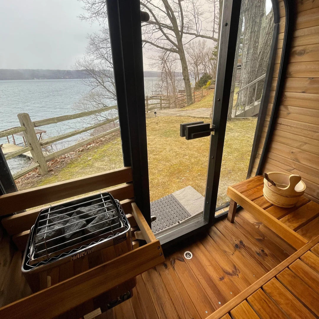 Modern Backyard SaunaLife Cube-Series CL5G Outdoor Sauna with Thermo-Spruce Exterior and Open Interior