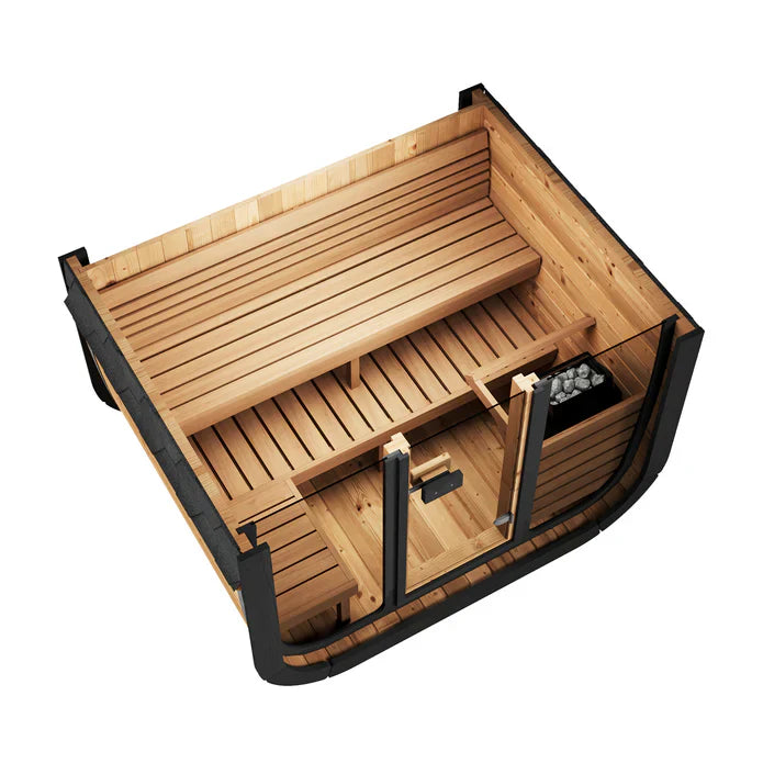 SaunaLife Cube-Series Model CL5G 4-Person Outdoor Sauna with Glass Front and Thermo-Spruce Exterior
