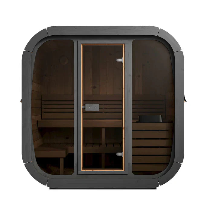 SaunaLife Cube-Series CL5G Outdoor Sauna Cabin with Ergonomic Interior, Thermo-Spruce Exterior, and Floor-to-Ceiling Glass Front