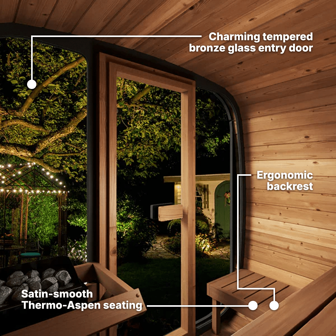SaunaLife CL5G Cube-Series Outdoor Sauna Kit with Modern Glass Front and Thermo-Spruce Scandinavian Design