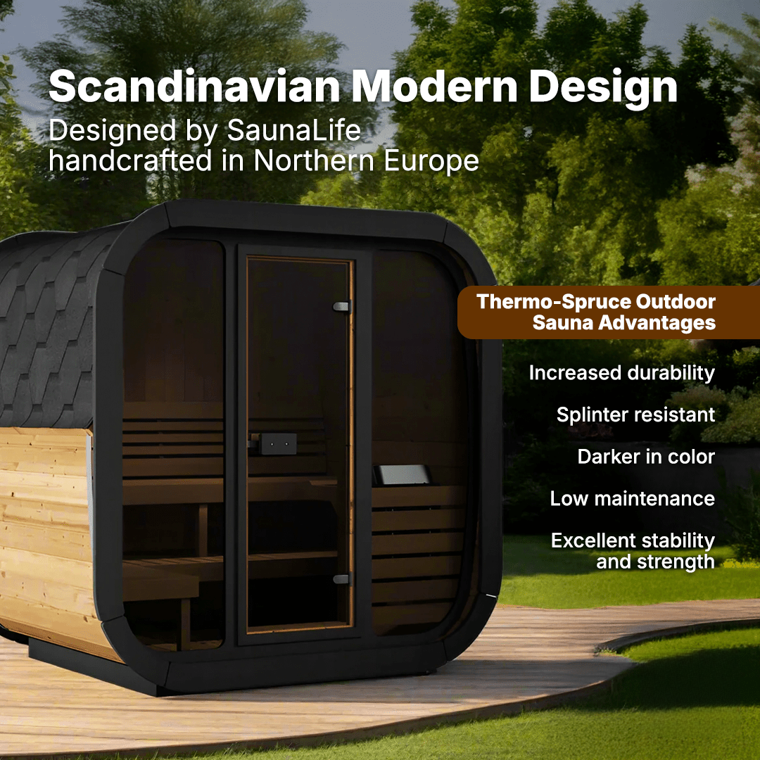 Luxury SaunaLife Cube CL5G Backyard Sauna with Contemporary Scandinavian Craftsmanship and Panoramic View