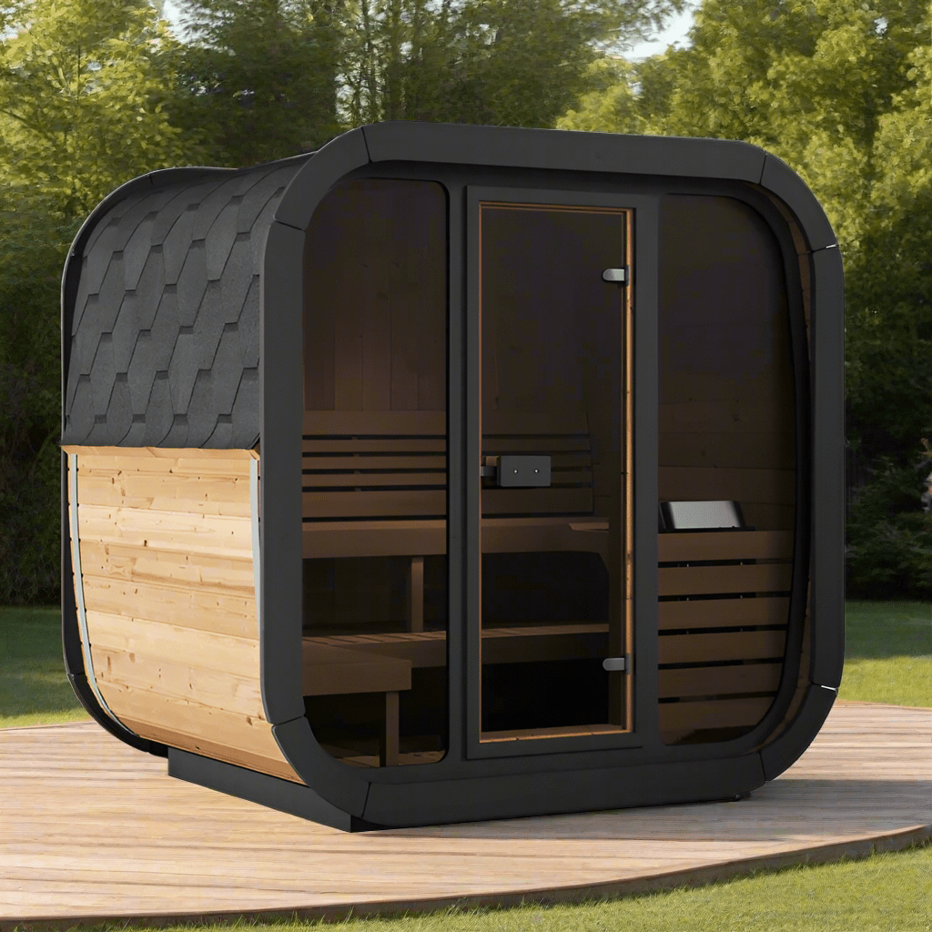 4-Person SaunaLife CL5G Outdoor Home Sauna with Modern Scandinavian Architecture and Glass Front