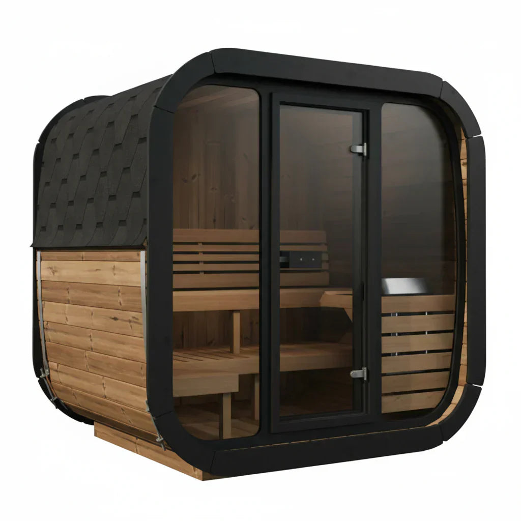 Luxury Outdoor SaunaLife Cube CL5G Backyard Sauna Featuring Spacious Interior and Full Glass Front