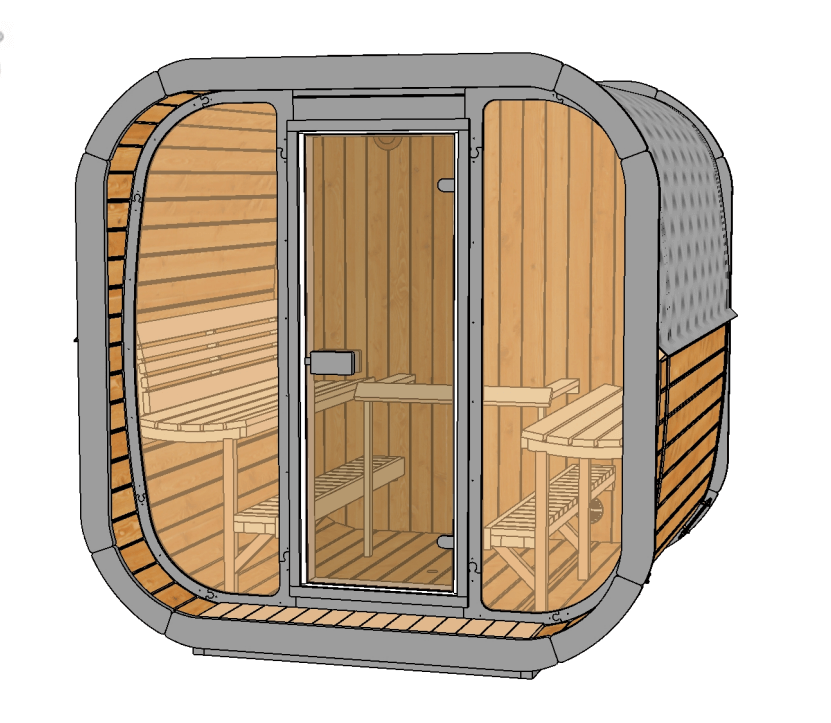SaunaLife Cube-Series CL7G outdoor sauna cabin with full glass front and premium wood construction