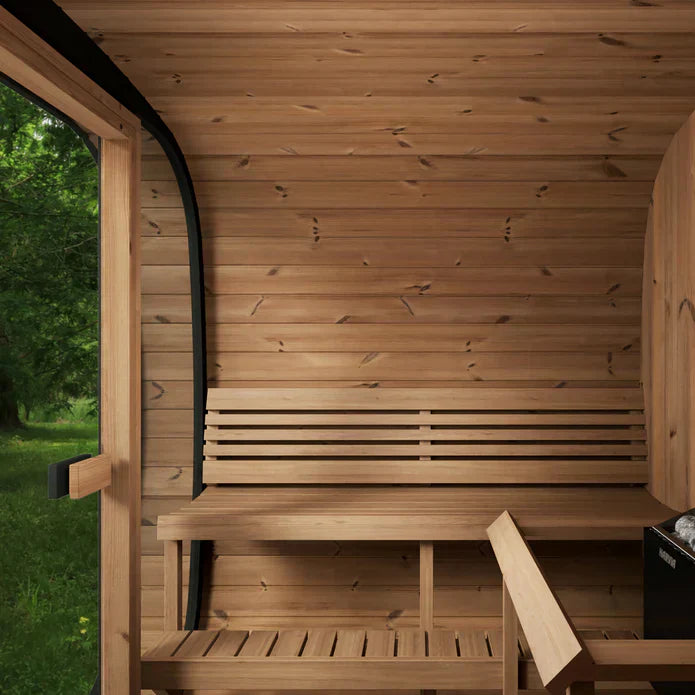 Luxury backyard sauna SaunaLife CL7G Cube-Series with full front glass design, natural wood finish, and spacious modern wellness interior