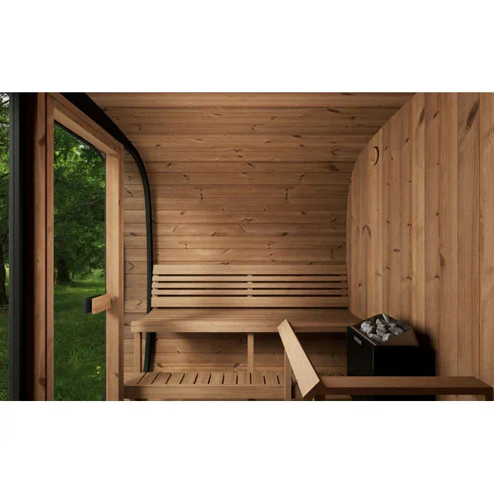 SaunaLife Model CL7G outdoor sauna cabin kit with Scandinavian design, glass front panel, and premium 6-person relaxation space for home spa use