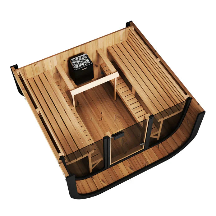 Premium outdoor home sauna SaunaLife Cube-Series Model CL7G featuring panoramic glass wall, high-end craftsmanship, and large 6-person seating capacity