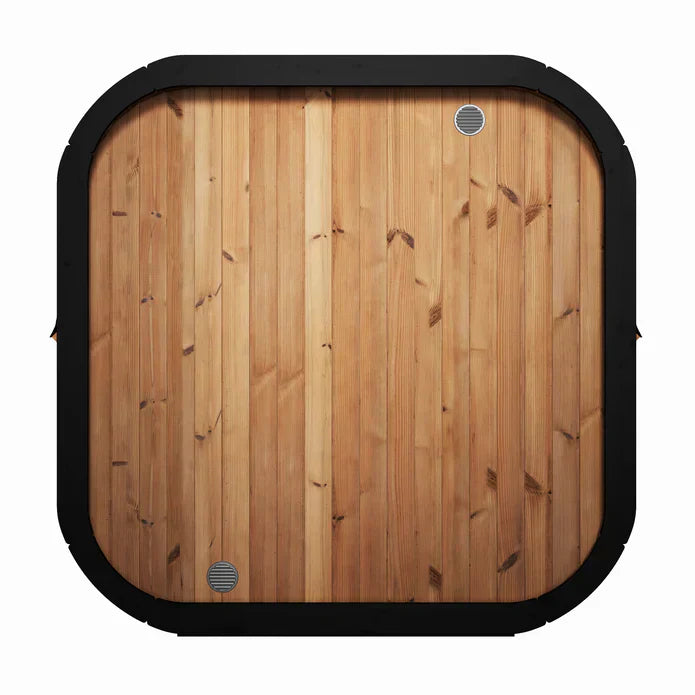SaunaLife CL7G outdoor sauna kit with modern Scandinavian cube design, full glass front, and spacious luxury interior for up to 6 bathers