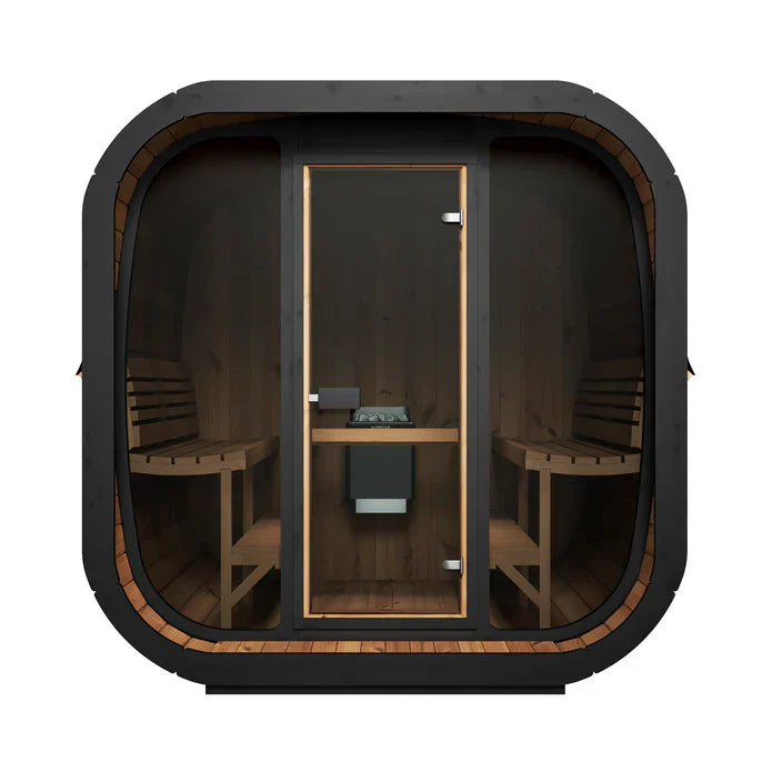 Modern outdoor home sauna SaunaLife Model CL7G Cube-Series with glass front wall, 7+ feet height, and premium 6-person capacity wellness cabin