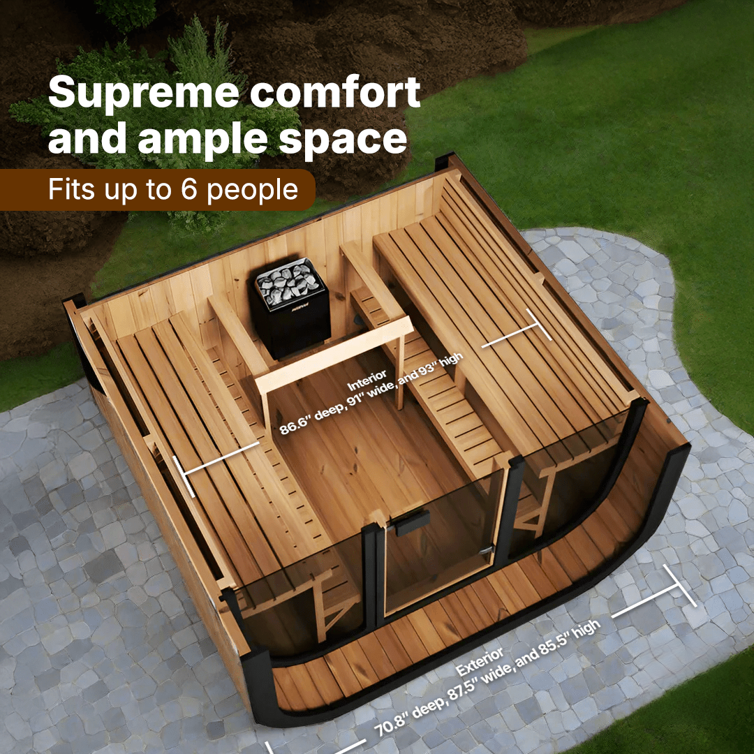 CL7G outdoor sauna kit by SaunaLife, luxury 6-person backyard sauna