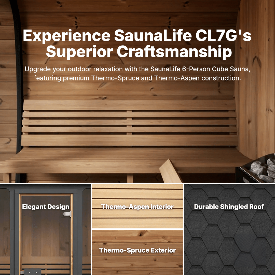 SaunaLife Cube-Series CL7G outdoor sauna cabin with panoramic glass wall