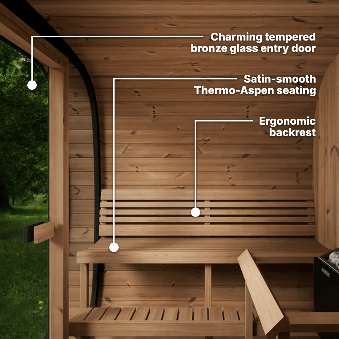 Outdoor home sauna CL7G Cube-Series by SaunaLife, spacious interior