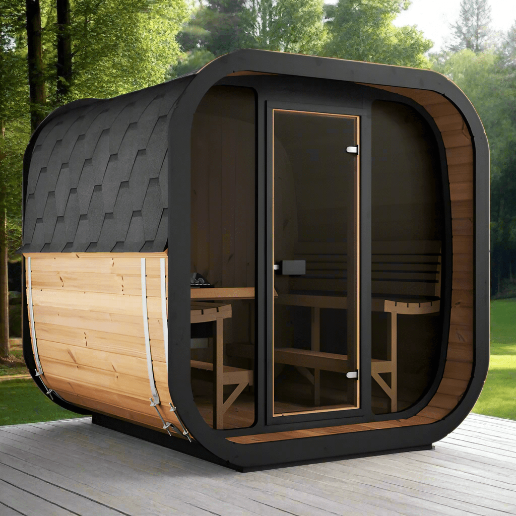 SaunaLife CL7G outdoor luxury sauna kit featuring full glass front, Scandinavian cube design, and spacious 6-person seating for home wellness use