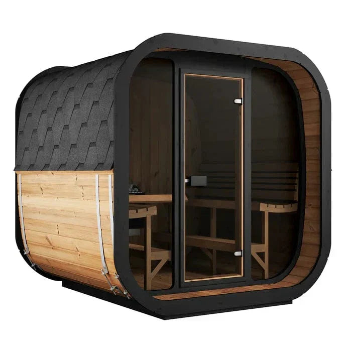 SaunaLife Cube-Series Model CL7G outdoor home sauna kit with modern Scandinavian design, full glass front, spacious interior for up to 6 people, premium luxury backyard sauna