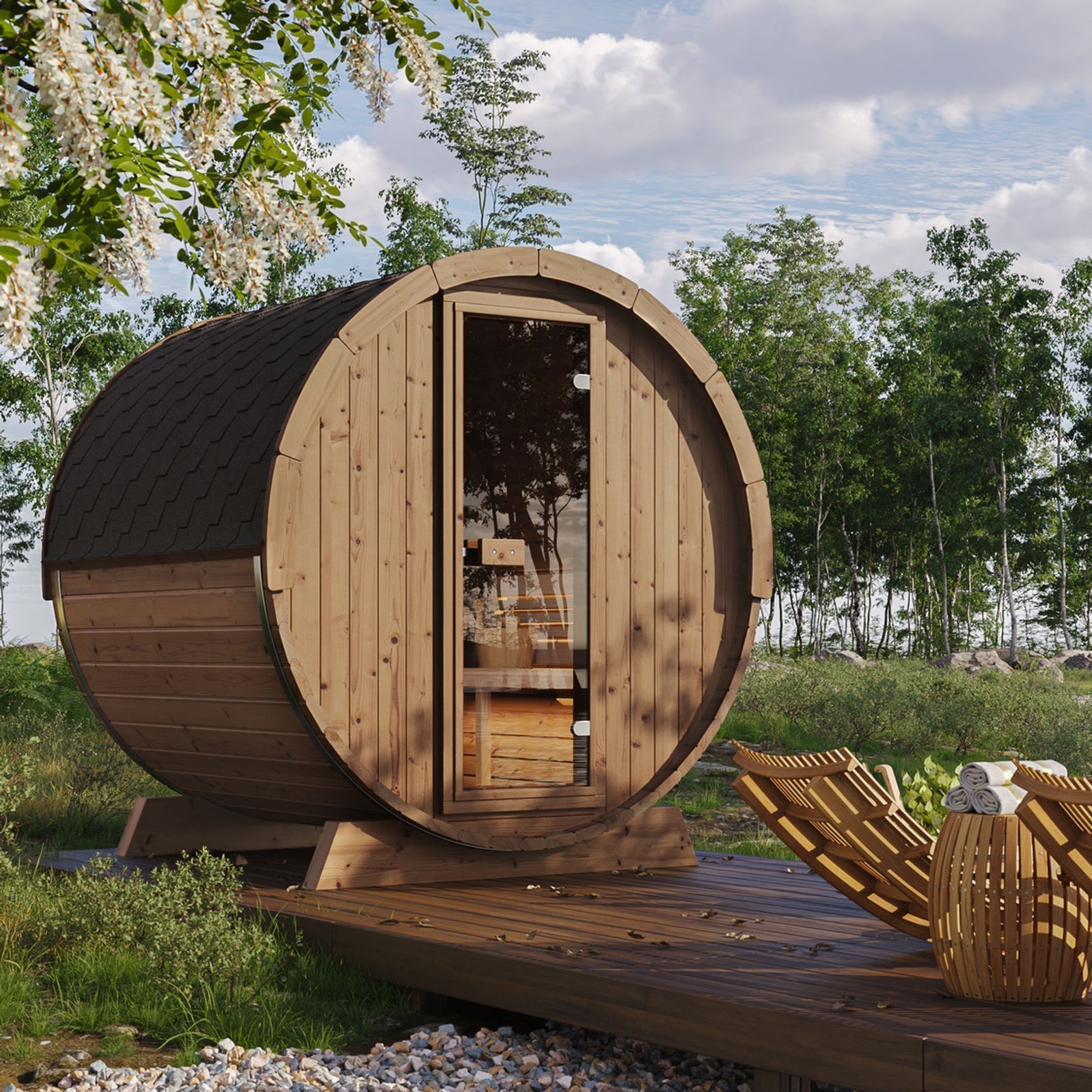 SaunaLife E6W ERGO-Series barrel sauna with window, premium outdoor wood sauna cabin designed for backyard wellness, comfort, and relaxation
