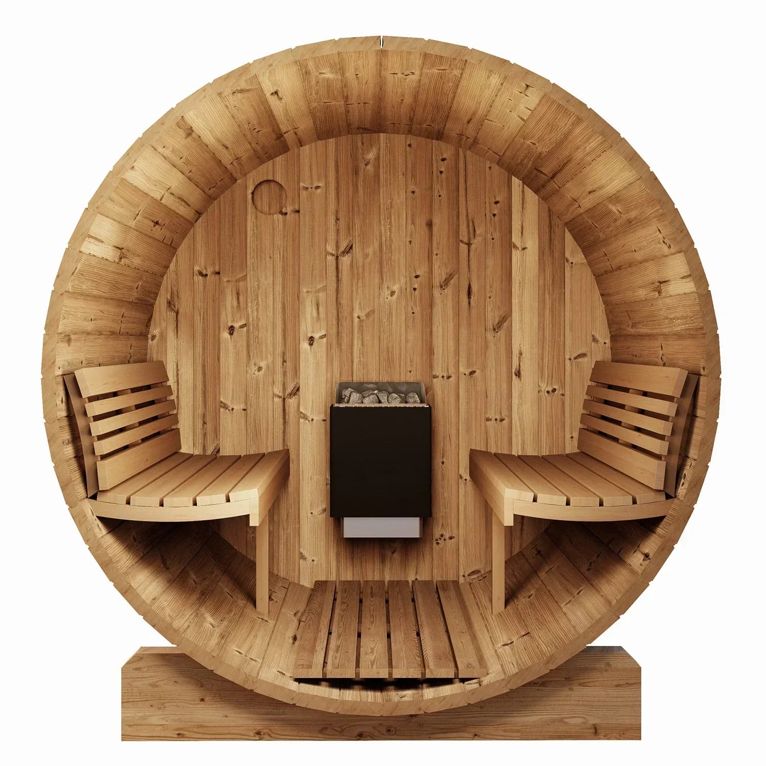 SaunaLife E6W wooden barrel sauna with glass window, durable outdoor sauna cabin, ERGO-Series design for premium backyard heat therapy and relaxation