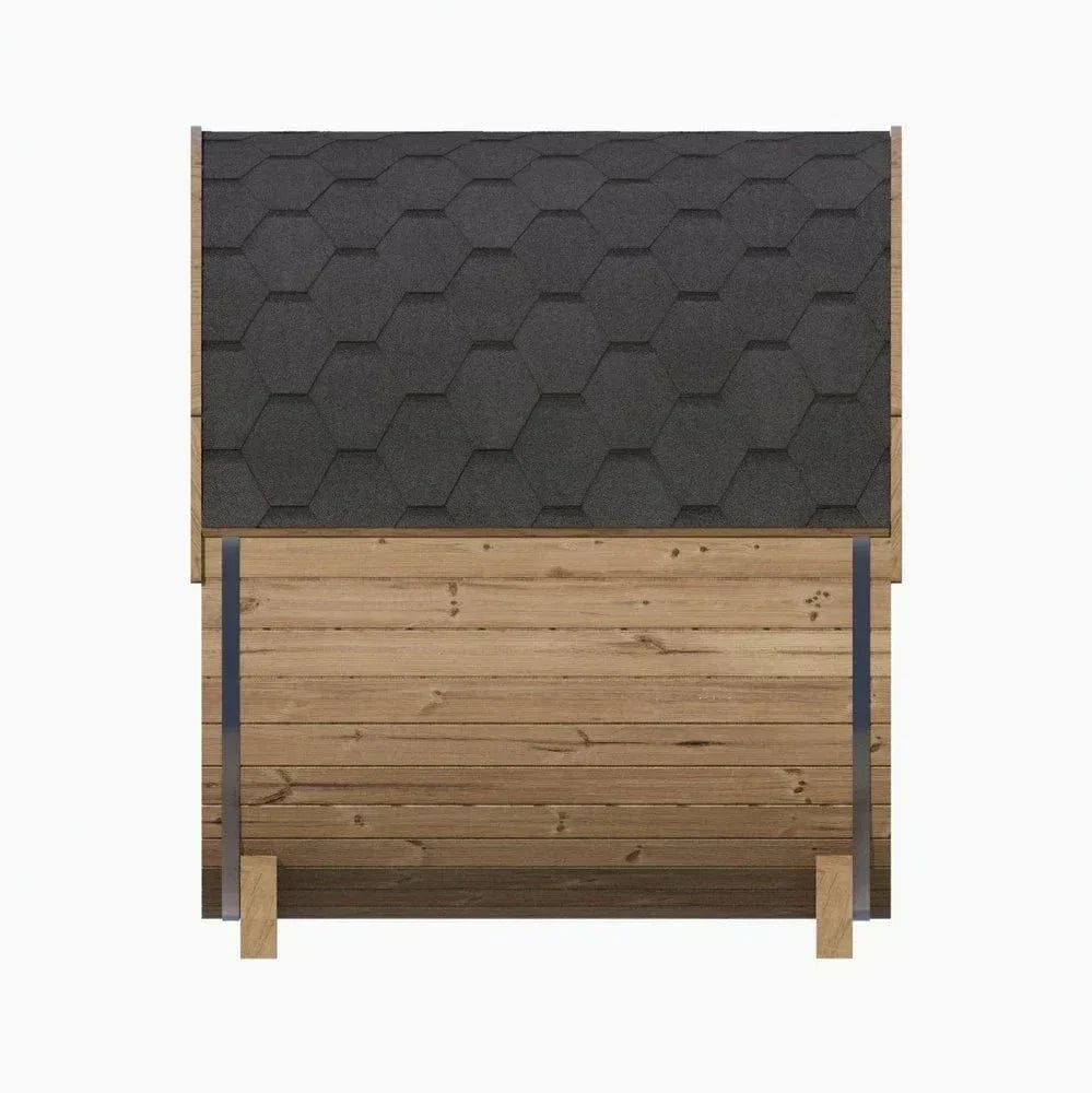 SaunaLife Model E6W outdoor barrel sauna with viewing window, Scandinavian-style ERGO-Series design, durable cedar wood sauna for premium backyard wellness