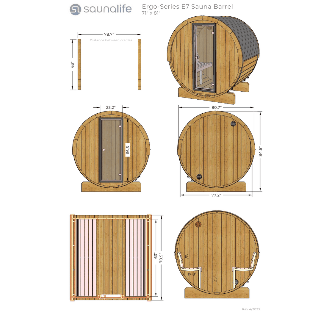 Outdoor Home SaunaLife Model E7G Sauna Barrel with Contemporary Glass Front Design