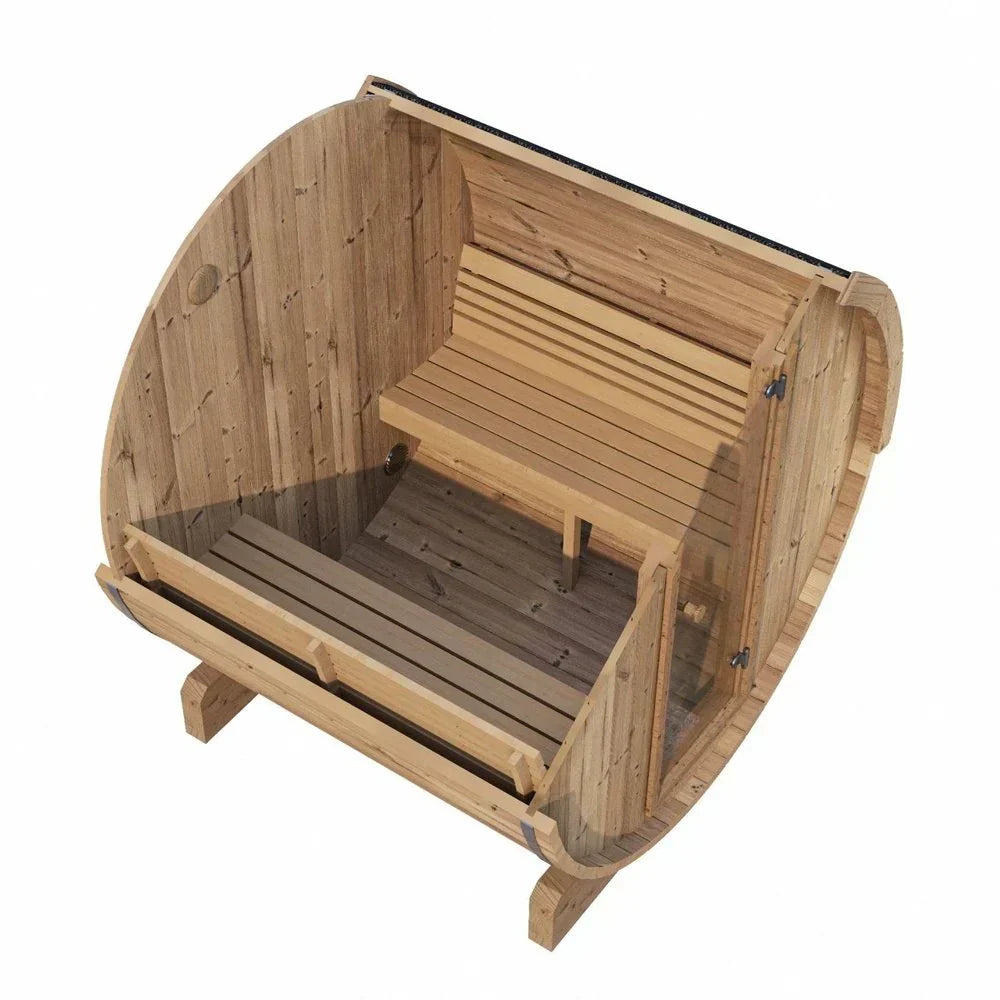 SaunaLife Model E7 outdoor cedar barrel sauna with durable Thermo-Spruce wood, curved ergonomic benches, dual floor drains, and weather-resistant roof system