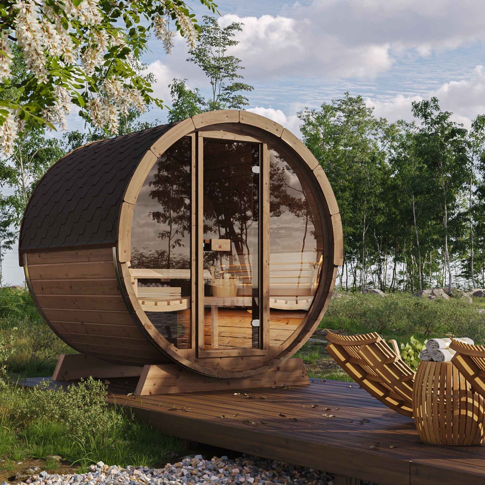 SaunaLife Model E7G 4 Person Barrel Sauna w/ Glass Front
