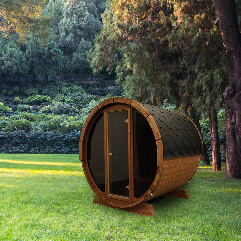 SaunaLife Model E7G Traditional Outdoor Barrel Sauna with Premium Thermo-Spruce Construction
