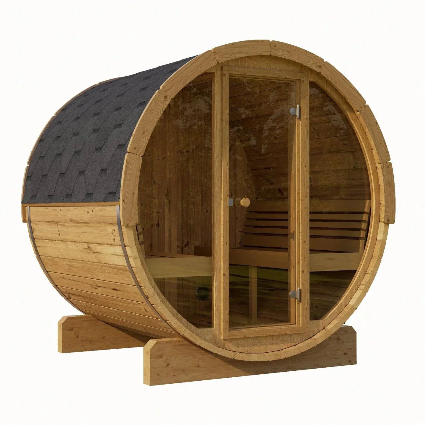 Luxury SaunaLife E7G Barrel Sauna Installed in Backyard with Panoramic Glass Front