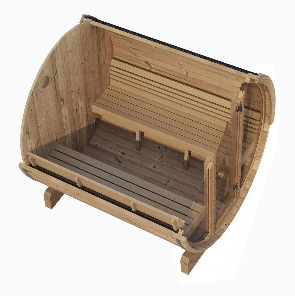 SaunaLife Model E7G Barrel Sauna for 4 People with Full Glass Front, Luxury Outdoor Backyard Sauna Experience