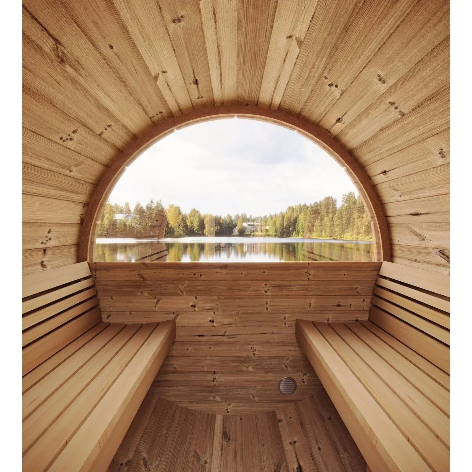 SaunaLife E7W ERGO-Series outdoor barrel sauna with window, premium backyard sauna cabin built for comfort, durability, and full-body wellness relaxation
