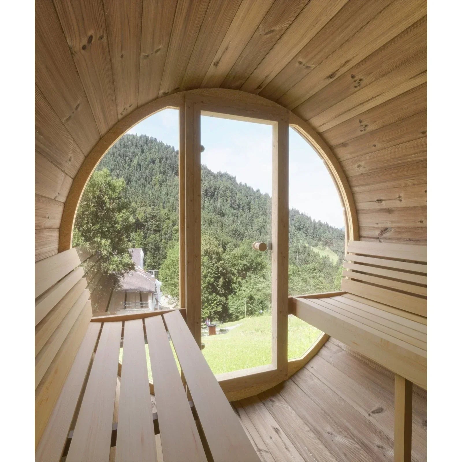 SaunaLife Model E8G ERGO Series Barrel Sauna for 6 People, Outdoor Sauna with Full Glass Front and Premium Thermo Wood Construction