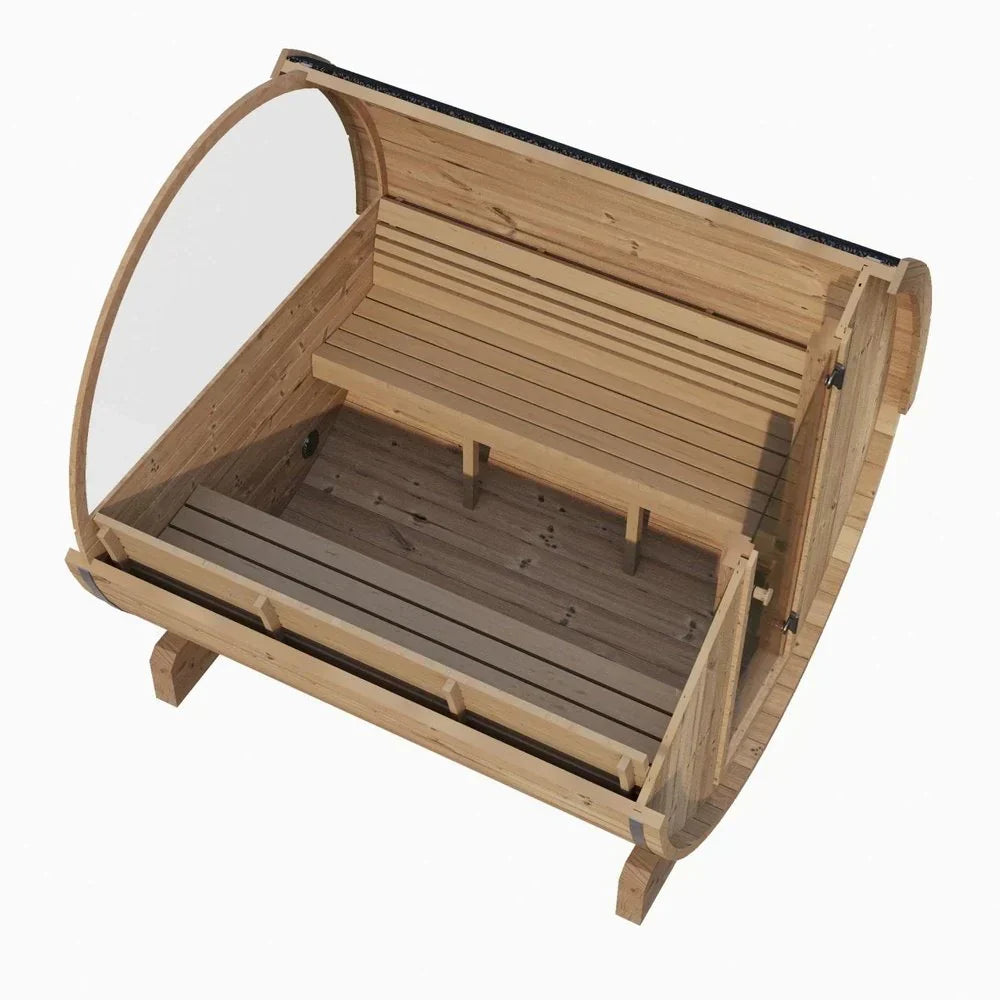 SaunaLife E8W outdoor barrel sauna with window, premium Thermo-Spruce construction, Thermo-Aspen benches, and spacious 6-person capacity