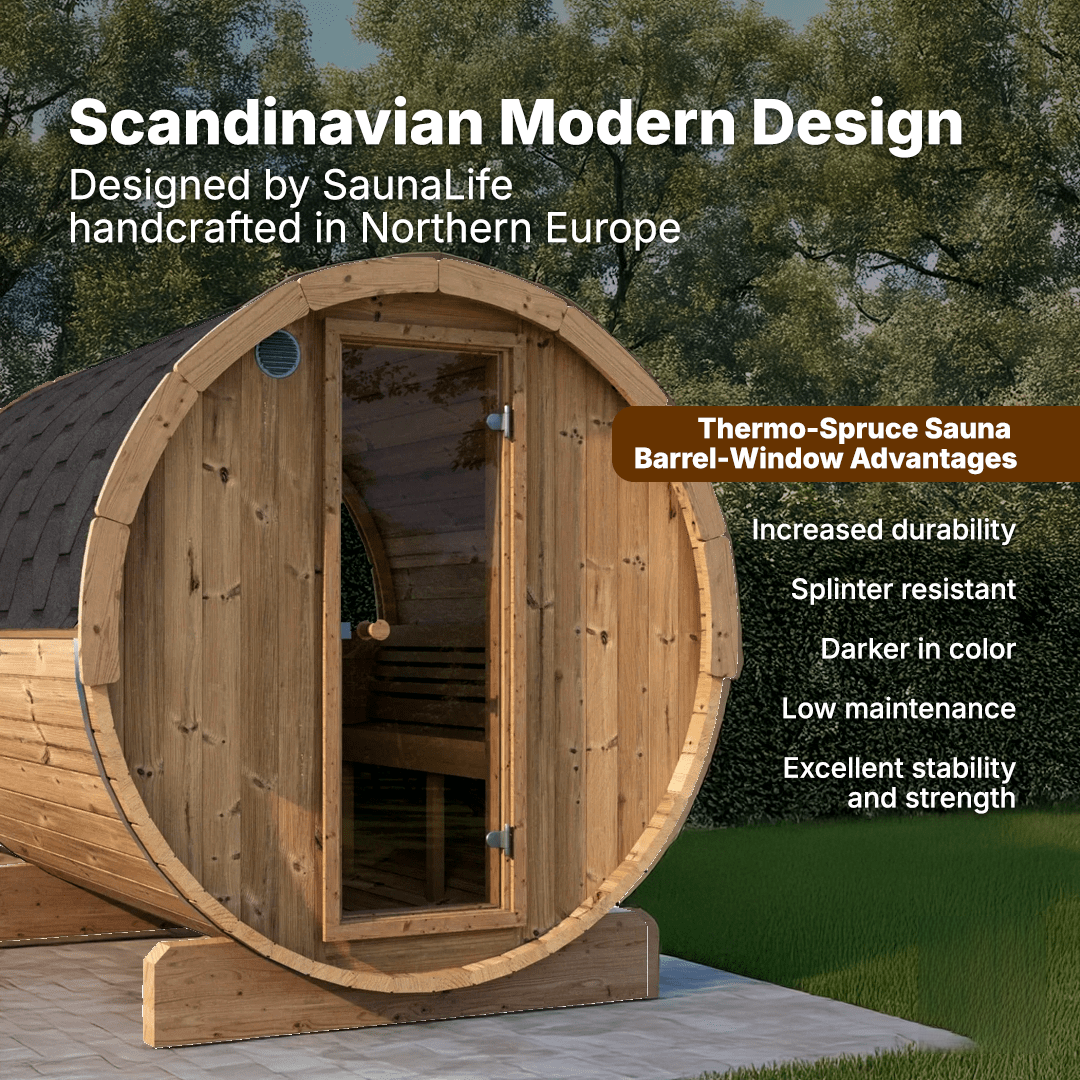 6 person SaunaLife Model E8W barrel sauna kit featuring Thermo-Spruce wood, curved Thermo-Aspen seating and luxury panoramic window