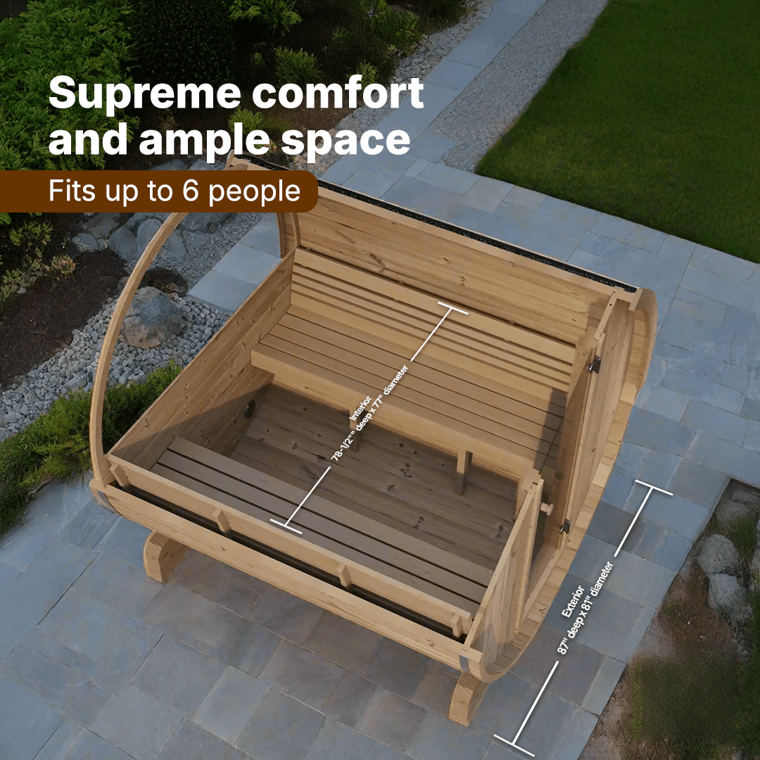 SaunaLife E8W outdoor barrel sauna with half-moon glass rear window, ergonomic benches and premium Scandinavian craftsmanship