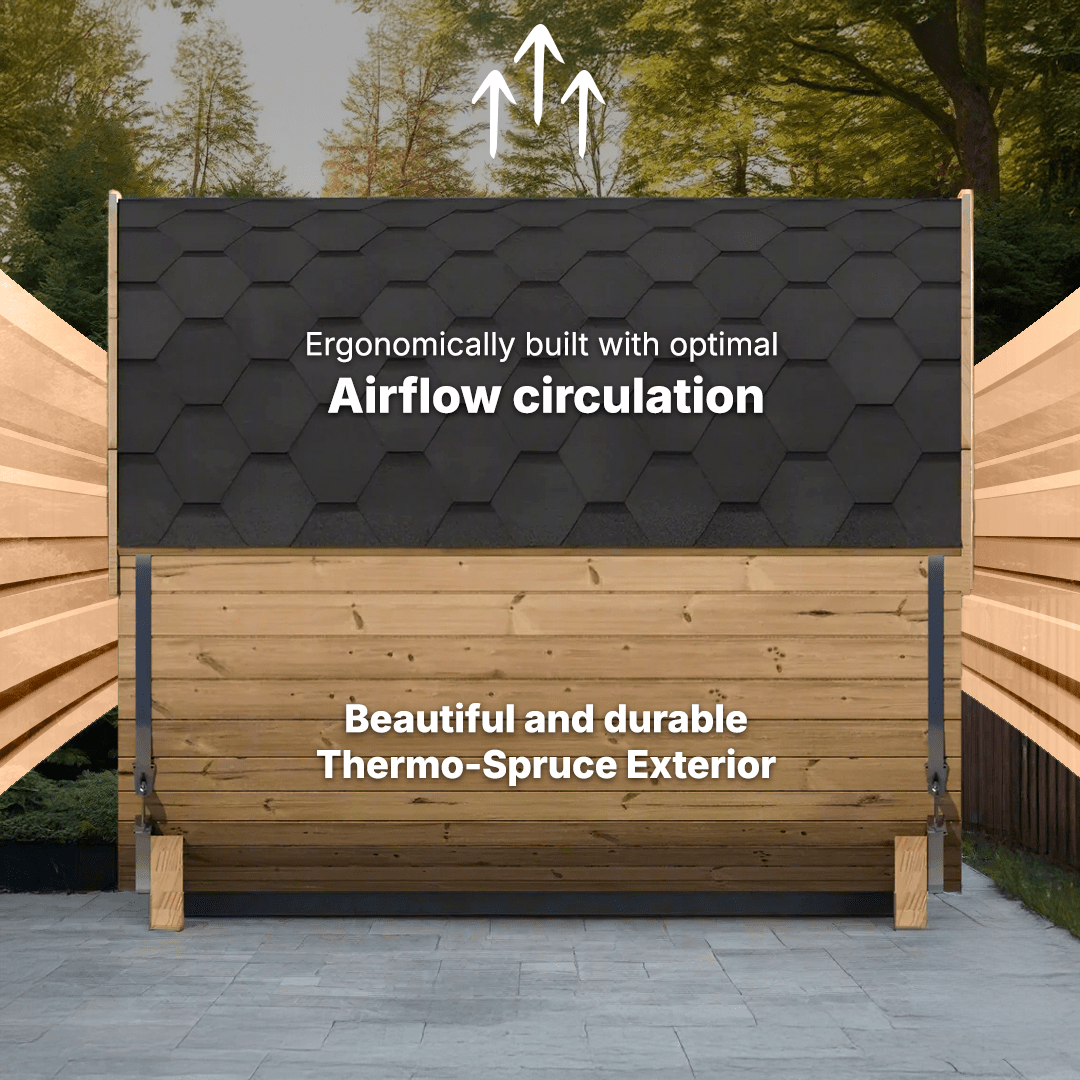 Luxury 6-person SaunaLife E8W barrel sauna with Thermo-Spruce construction and curved interior seating for home backyard spa