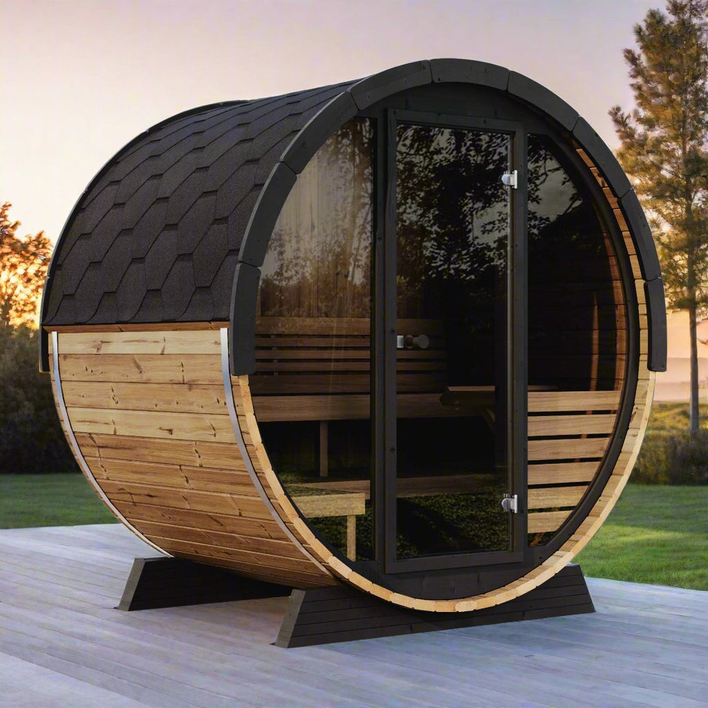 Premium SaunaLife Model EE6G barrel sauna for 4 people built for outdoor use with traditional steam heating system