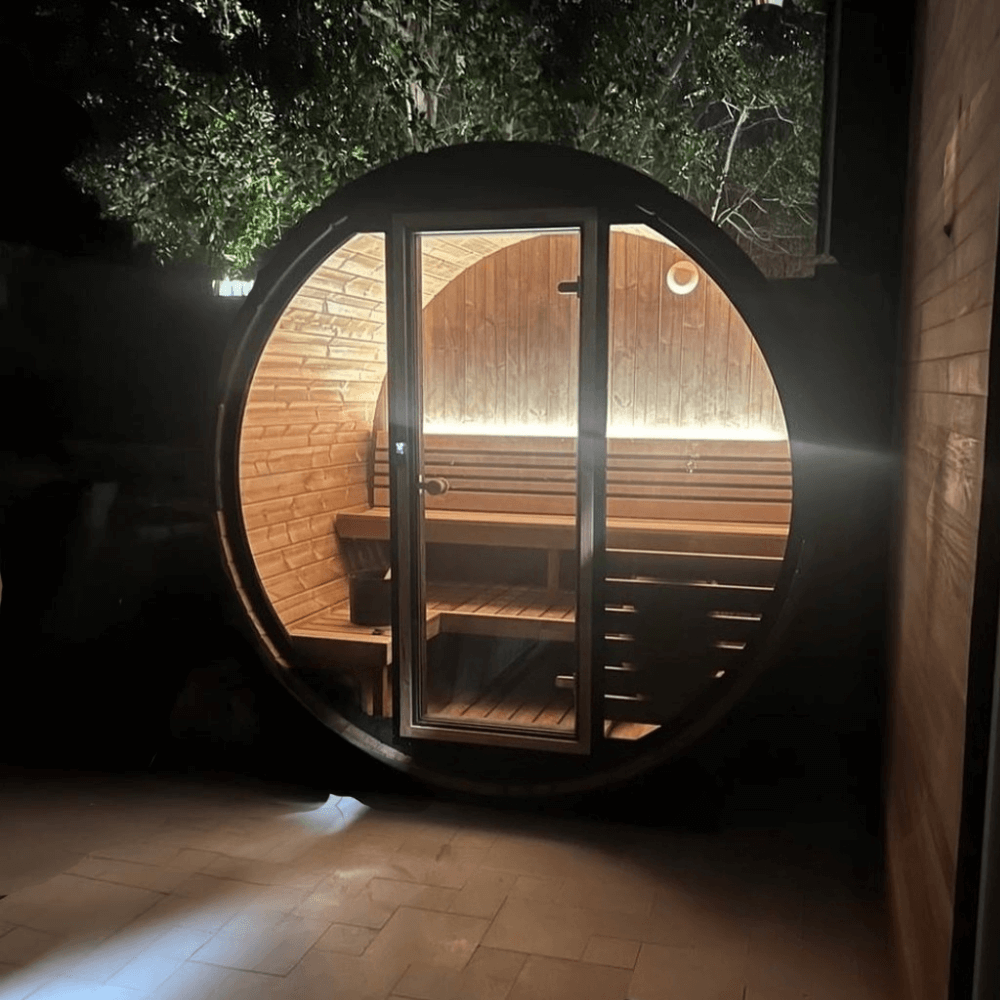 SaunaLife EE6G luxury 4-person barrel sauna with steam heat system for improved circulation and wellness benefits