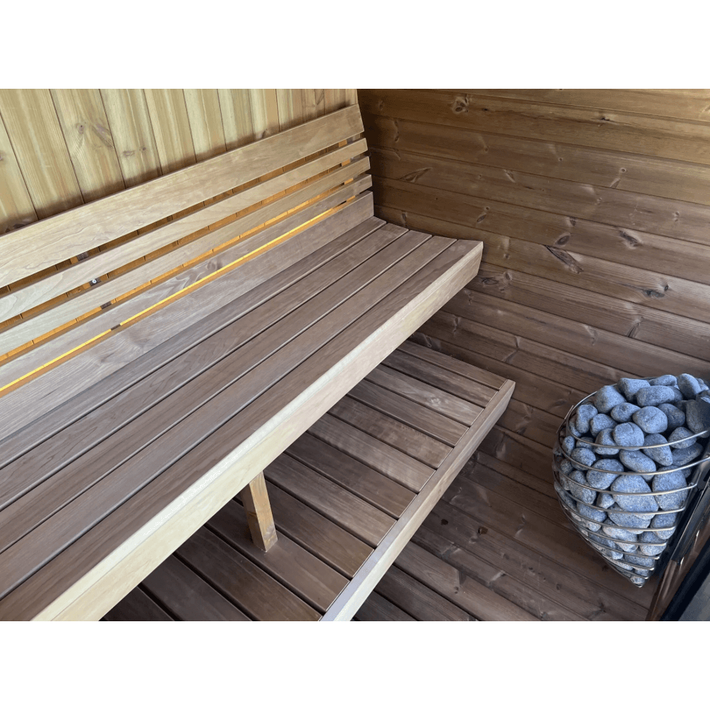 4-person SaunaLife Model EE6G barrel sauna with natural wood finish for outdoor wellness, detox, and stress relief